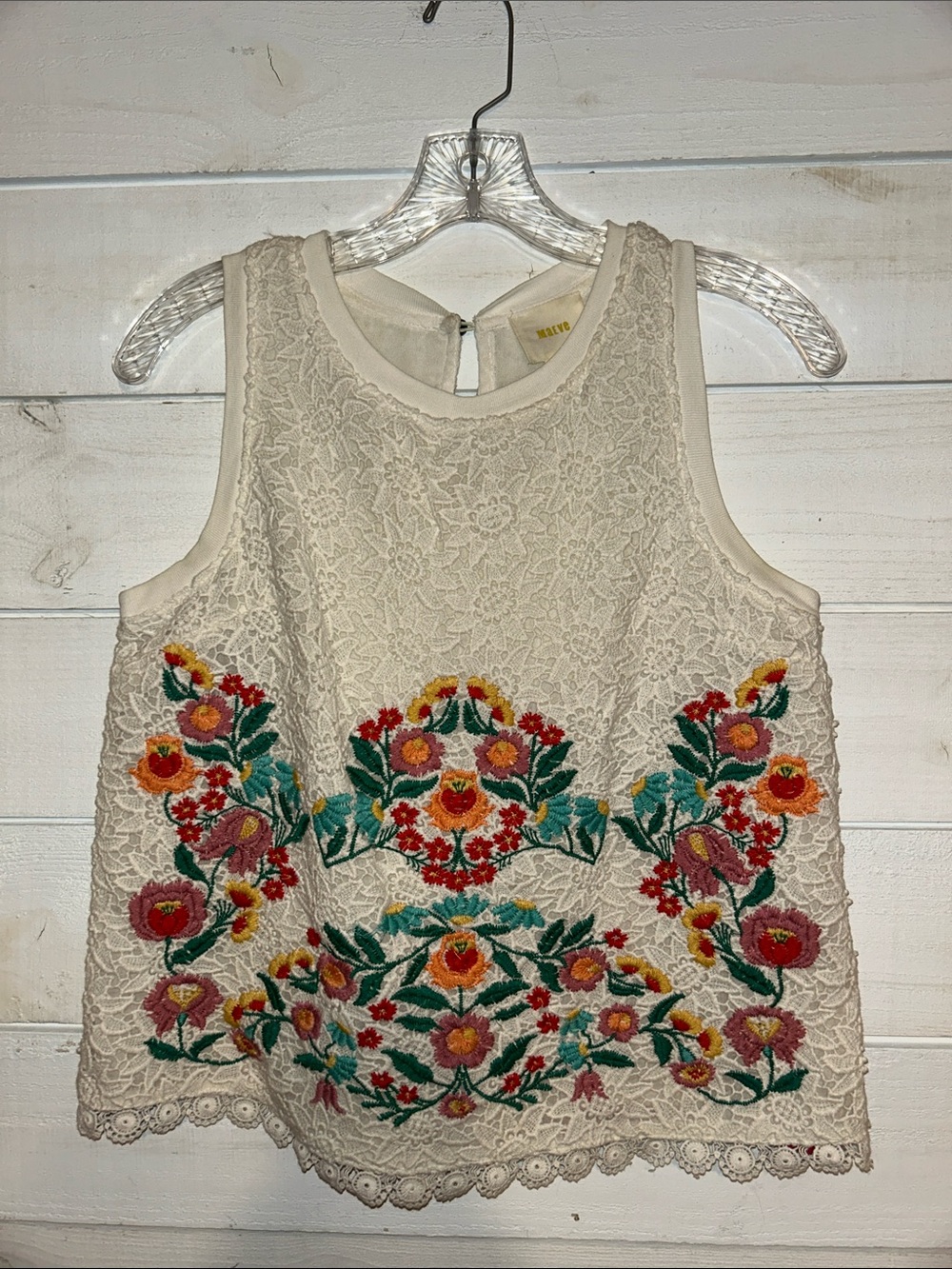 Maeve Anthropologie Lace Tank Top -with Multicolor Floral Embroidery